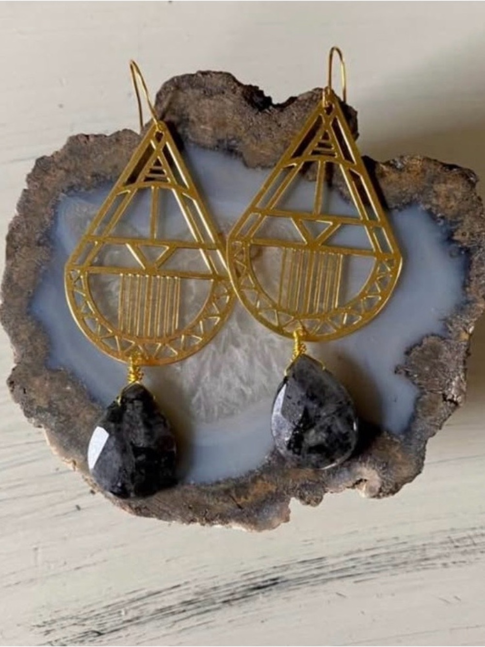 Art Deco Brass Drop Earrings with Larvikite Teardrop Stones